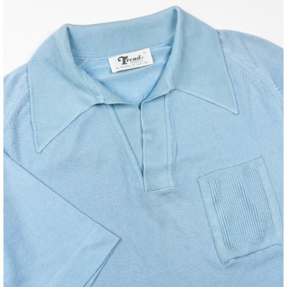 Vintage 70s Huntley of York Knit Polo Shirt Men's Large Blue Mod 60s Retro